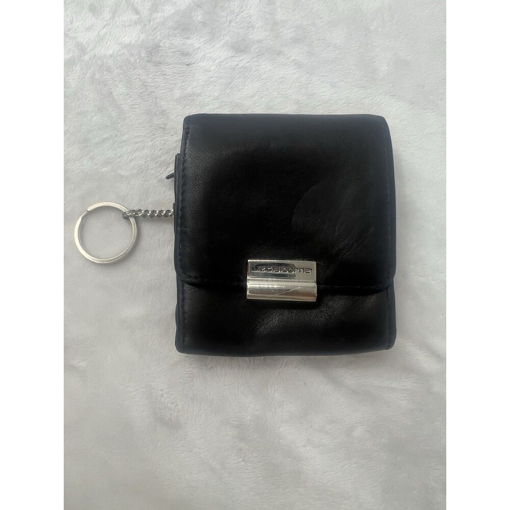 Vintage Small Black Leather Wallet Liz Claiborne 90s Keyring